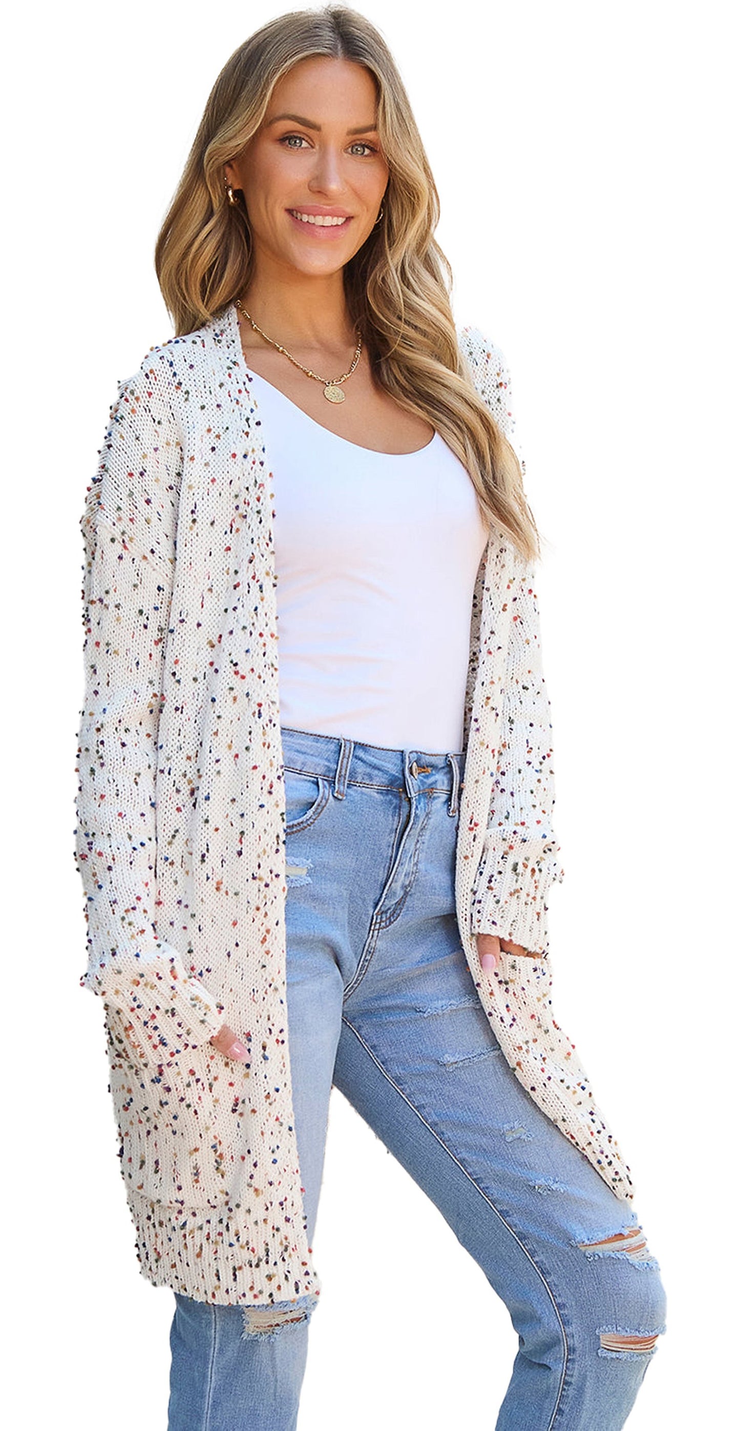 White Confetti Rib Knit Cardigan
