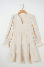 Parchment Long Sleeve Notched Neck Jacquard Tiered Mini Dress