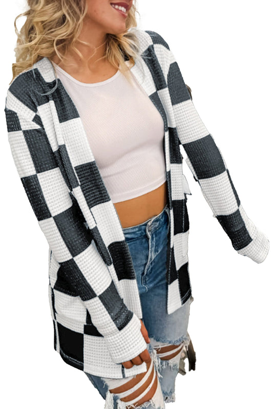 Black Checkered Waffle Knit Cardigan