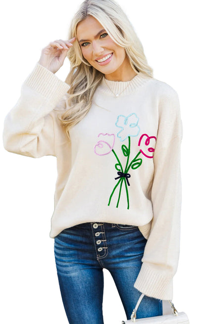 White Embroidered Flower Sweater