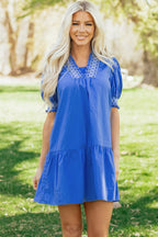 Sky Blue Embroidered Smocked Detail V Neck Short Puff Sleeve Mini Dress
