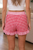 Red Gingham Print Ruffle Striped Detail Lace Tie Shorts