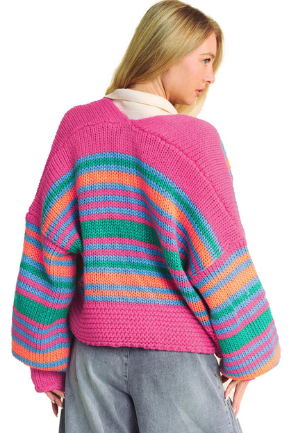 Colorful Puff Sleeve Cardigan