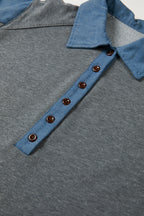 Carbon Grey Denim Color Block Patchwork Shirt Collar Short Sleeve Blouse