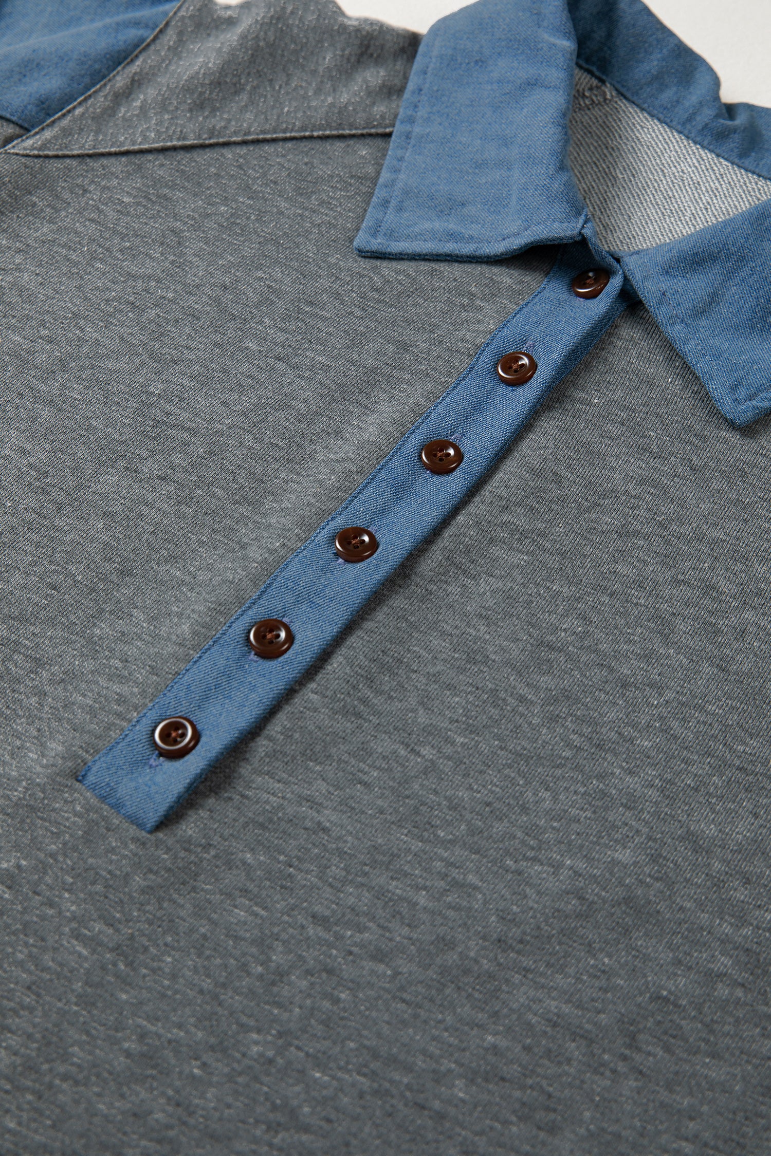 Carbon Grey Denim Color Block Patchwork Shirt Collar Short Sleeve Blouse