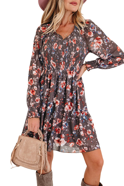 Brown Floral Mesh Mini Dress Smocked V-Neck