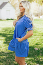Sky Blue Embroidered Smocked Detail V Neck Short Puff Sleeve Mini Dress