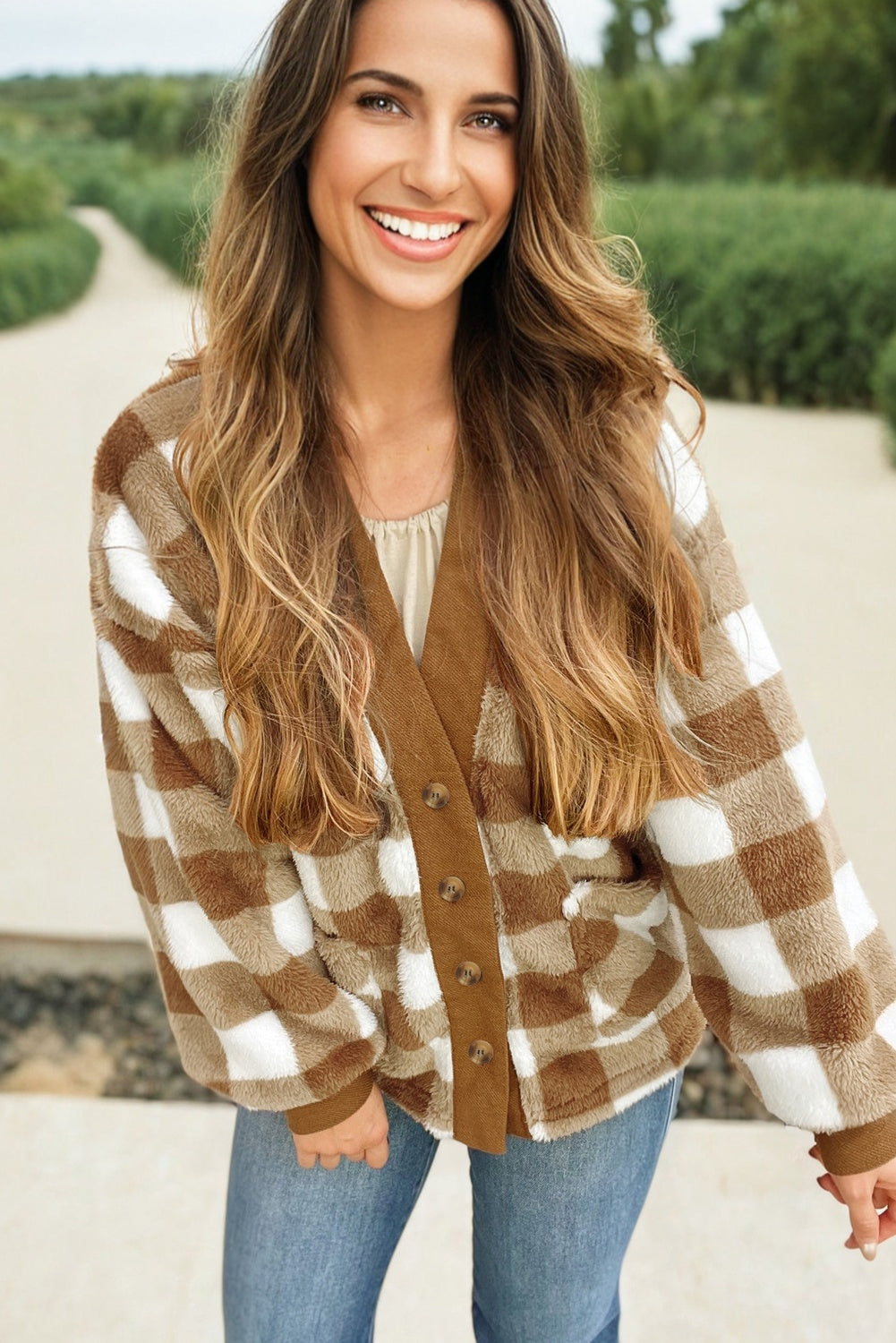 Dear-Lover Brown Checkered Sherpa Cardigan For Cozy Chic