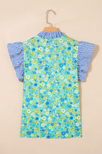 Green Floral Painting Print Striped Patchwork Flutter Sleeve V Neck Blouse