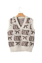 Brown Western Horseshoe Bow Printed V Neck Loose Sweater Vest