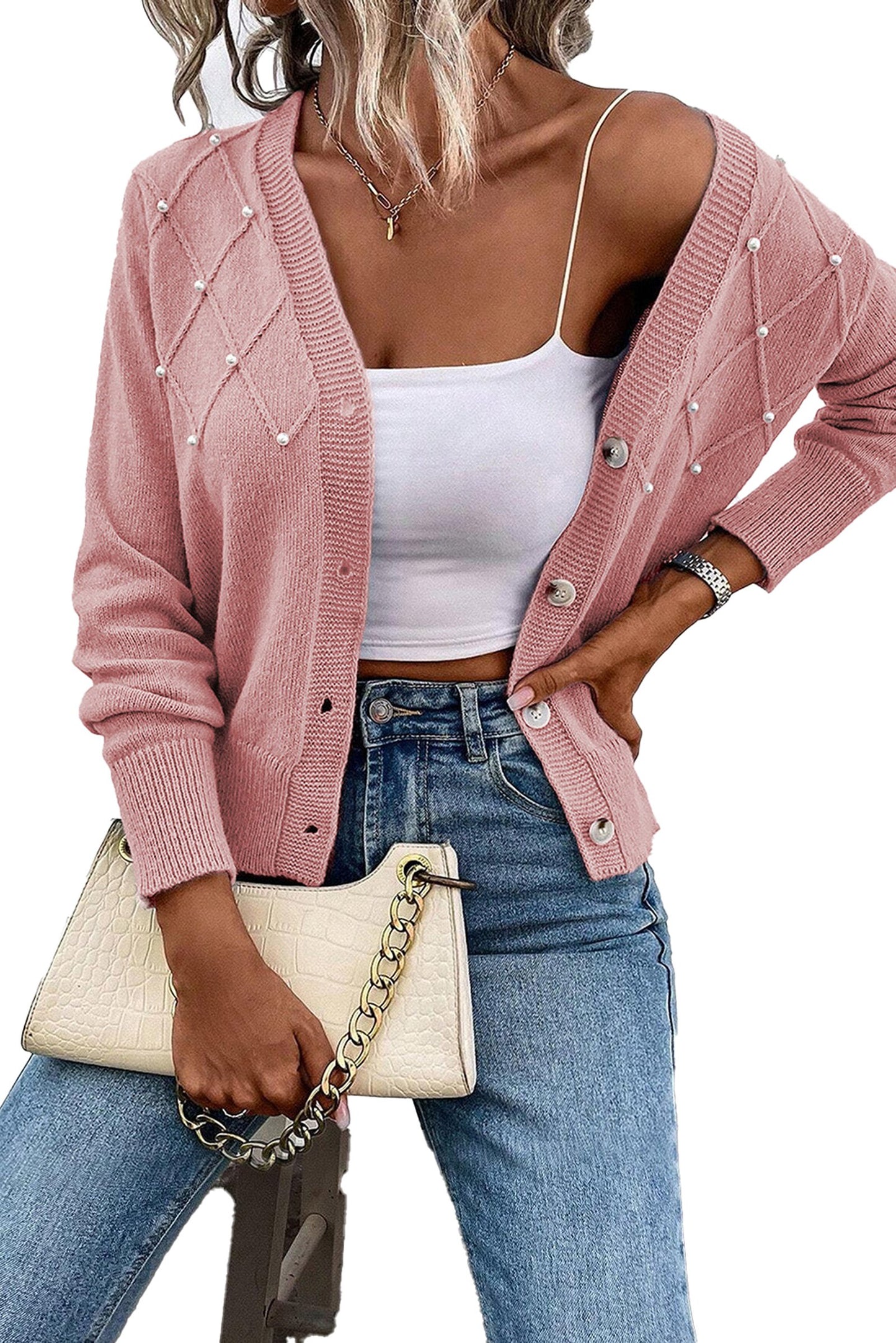 Pearl Beaded Knit Cardigan In Pink