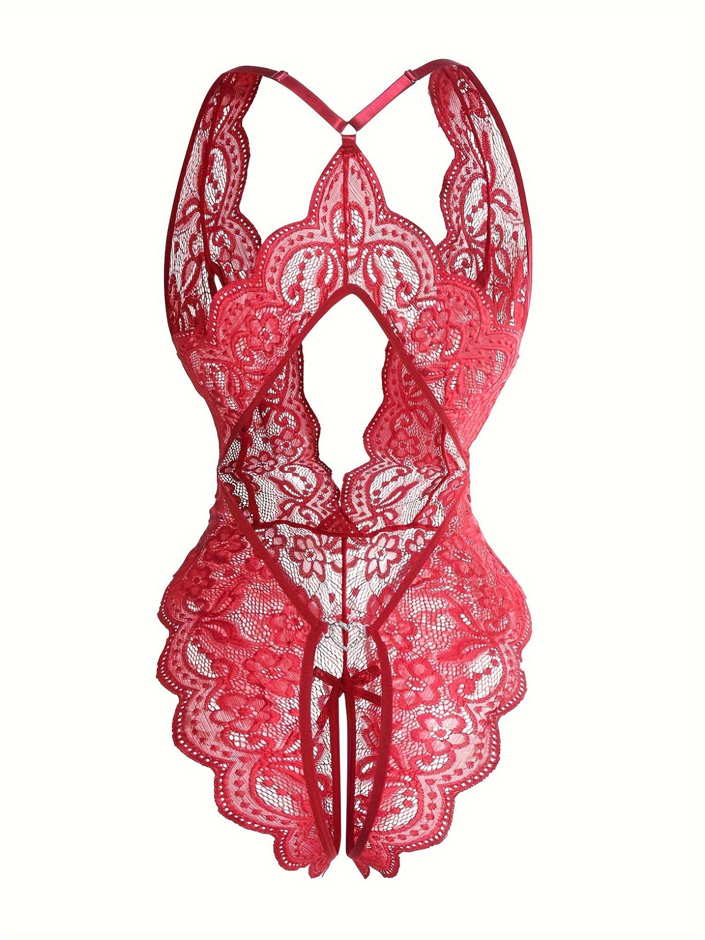 Sultry Floral Lace Bodysuit - Backless, Semi-Sheer, Open Crotch