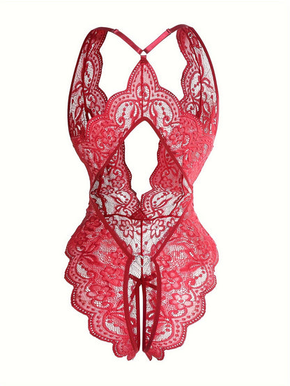 Sultry Floral Lace Bodysuit - Backless, Semi-Sheer, Open Crotch