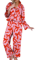Pink Bow Print Pajama Set For Cozy Nights