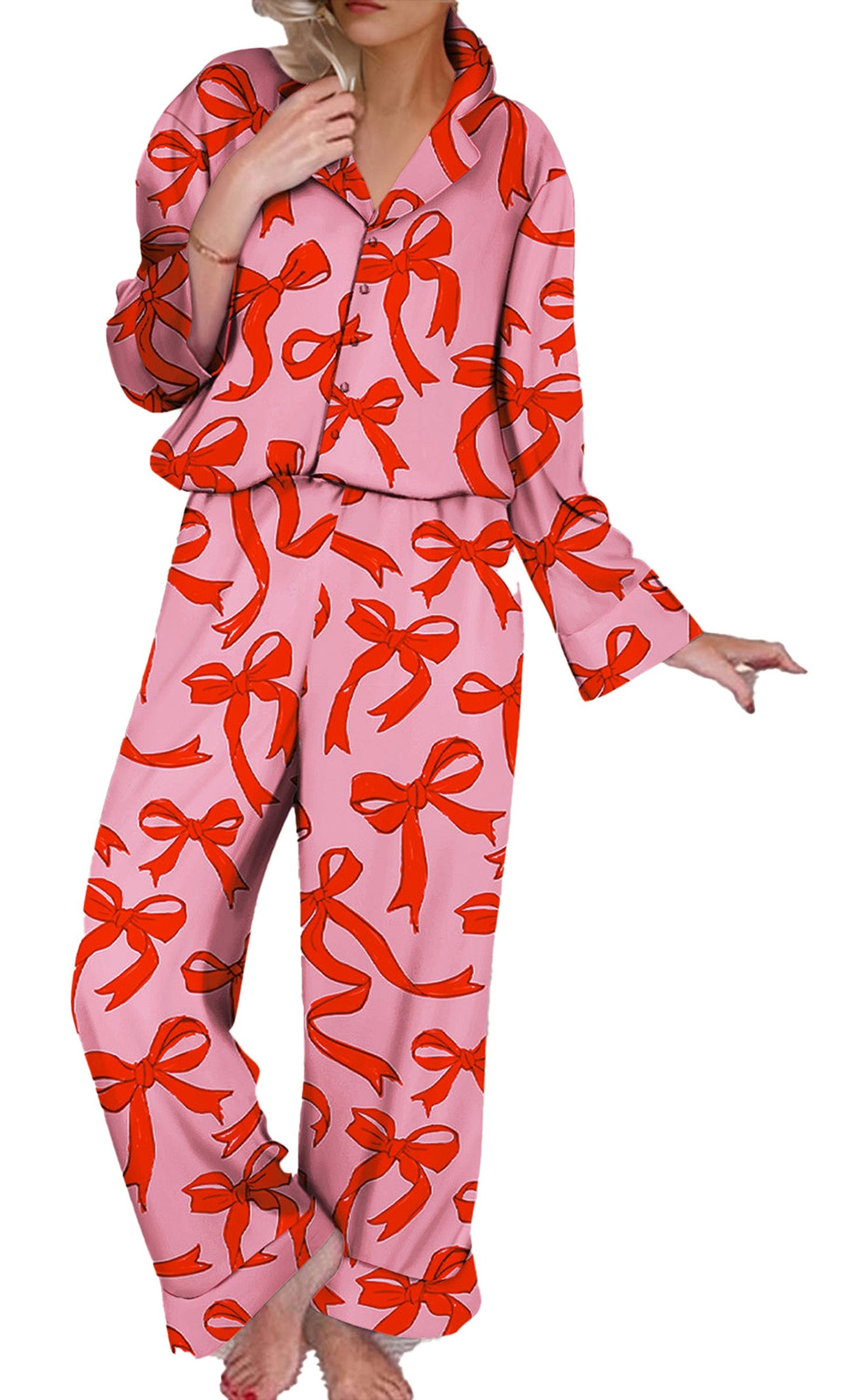 Pink Bow Print Pajama Set For Cozy Nights