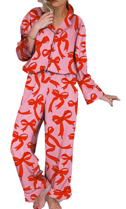 Pink Bow Print Pajama Set For Cozy Nights