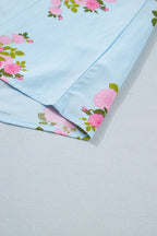 Sky Blue Floral Print Button Cuffed 3/4 Sleeve Round Neck Blouse