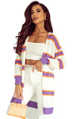 Beige Striped Cardigan For Women