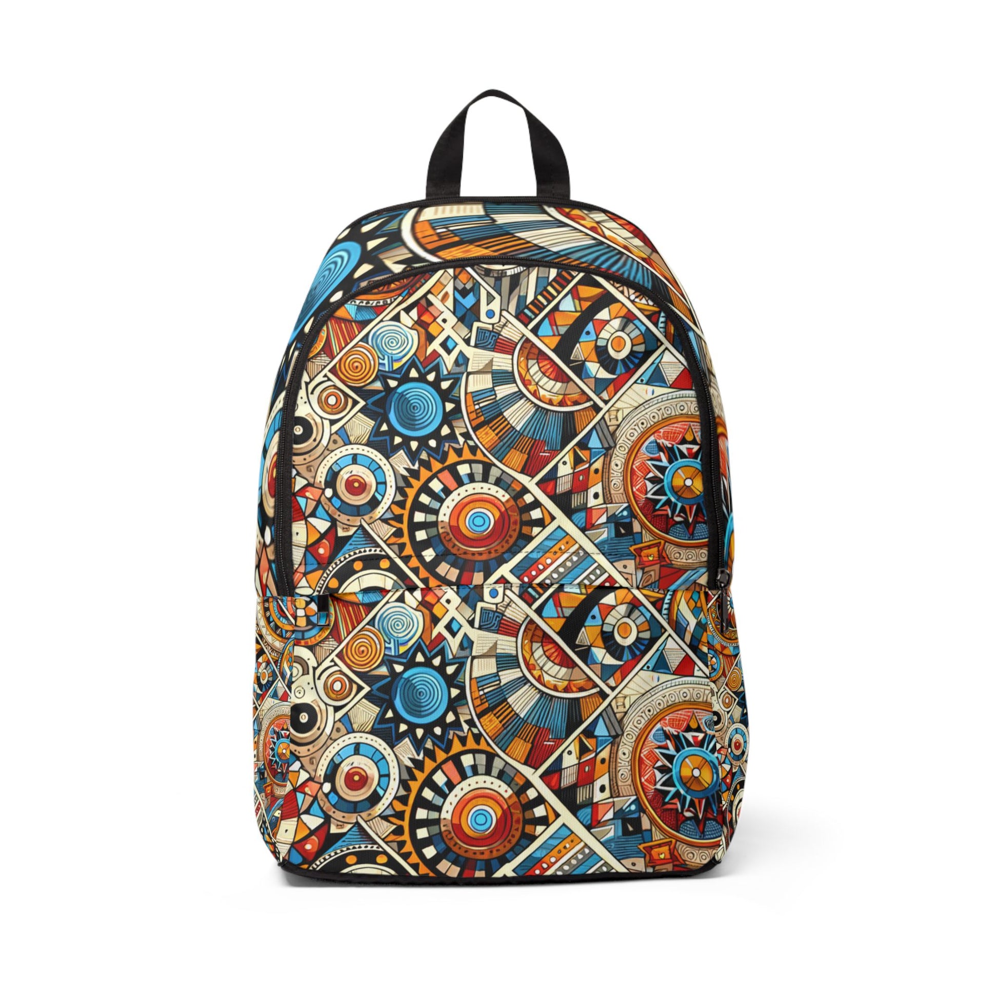 LuckeLadybug abstract African print backpack with colorful geometric and circular patterns