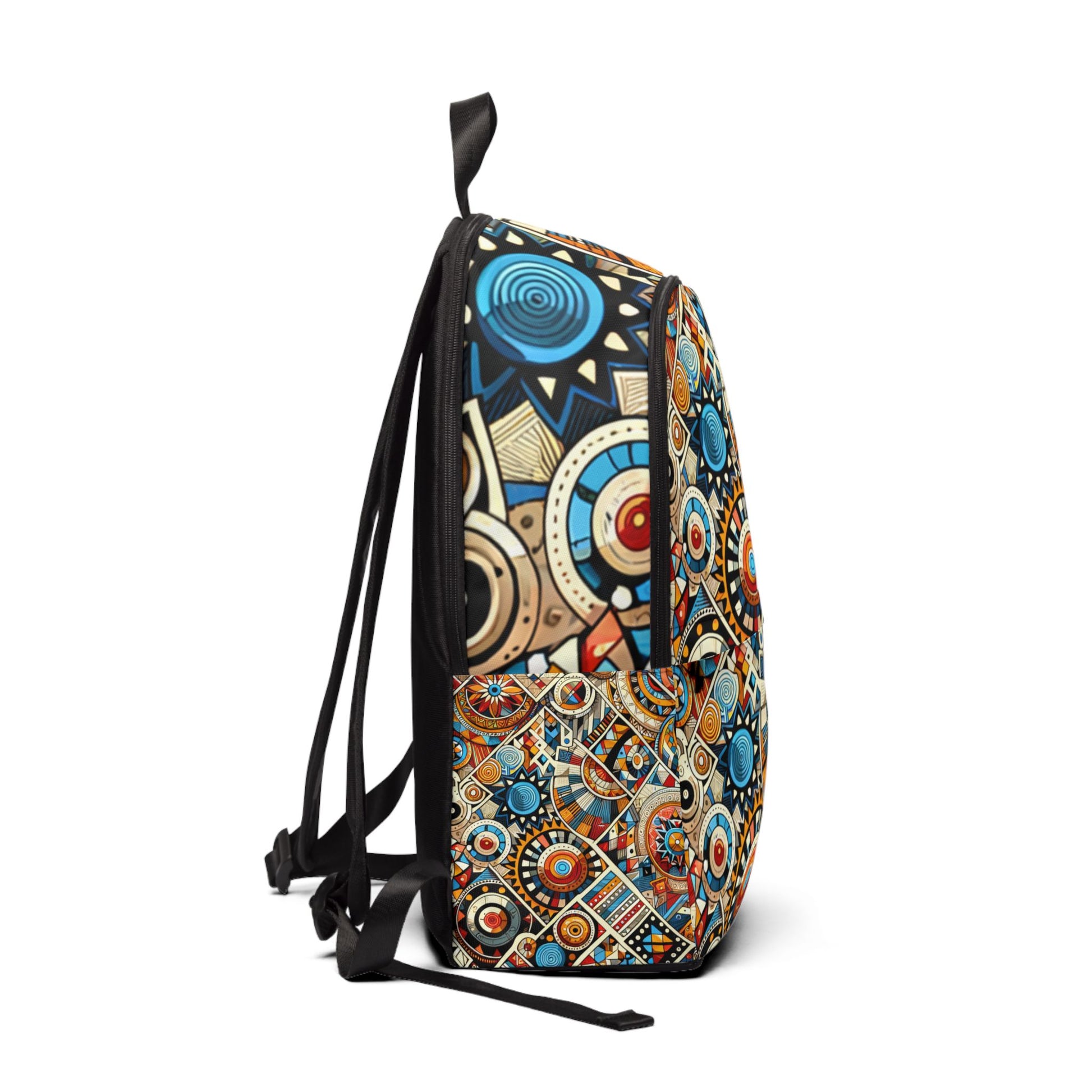 LuckeLadybug abstract African print backpack with colorful geometric patterns and adjustable straps