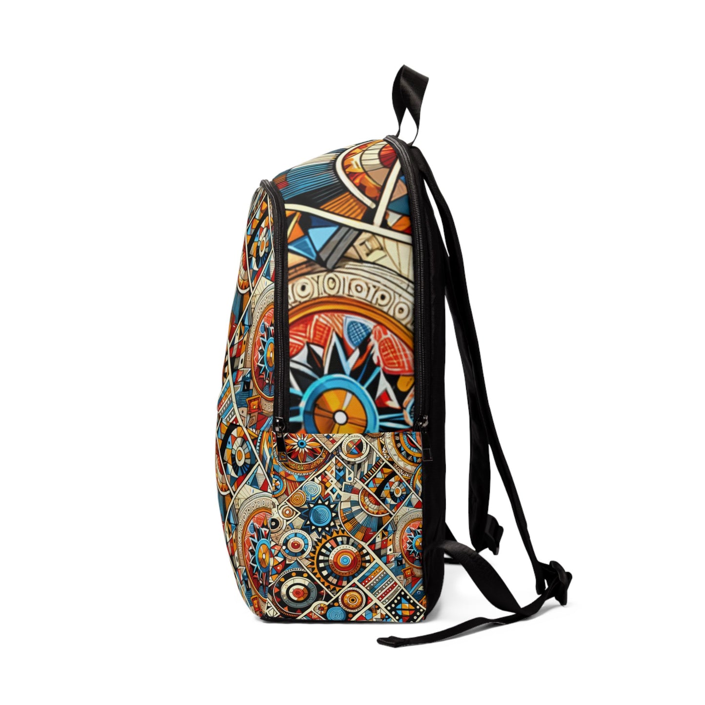Side view of LuckeLadybug abstract African print backpack with colorful geometric patterns and black straps