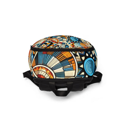 LuckeLadybug abstract African print backpack with colorful geometric designs and black straps