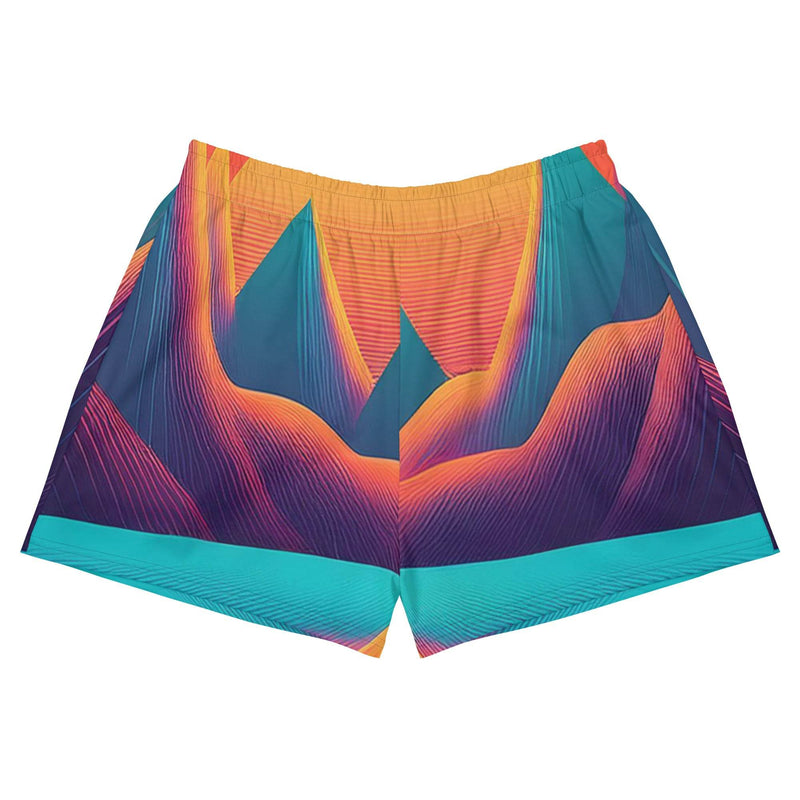 LuckeLadybug abstract athletic shorts with vibrant mountain landscape design and turquoise accents