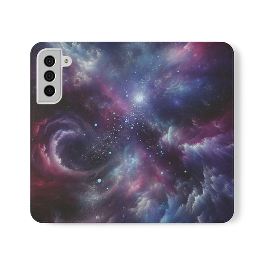 LuckeLadybug phone flip case featuring a cosmic galaxy design as an abstract cell phone wallet case