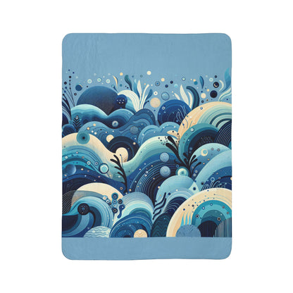 LuckeLadybug sherpa blanket featuring an abstract fleece throw for winter with blue wave patterns