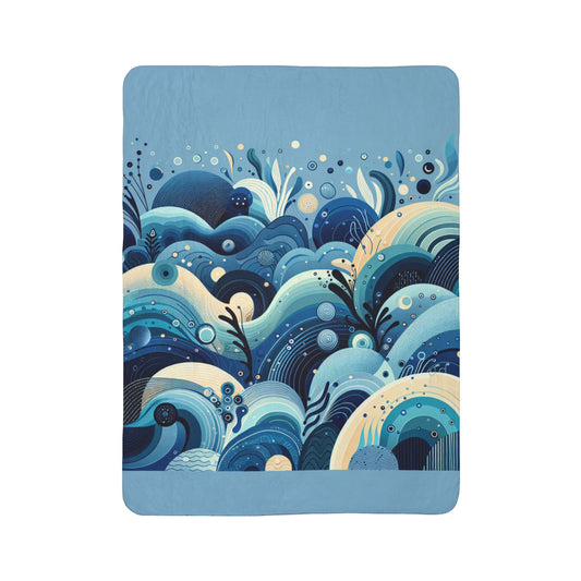 LuckeLadybug sherpa blanket featuring an abstract fleece throw for winter with blue wave patterns