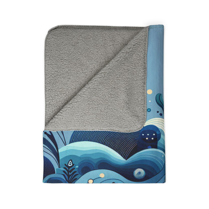 LuckeLadybug sherpa blanket with blue abstract fleece throw for winter and soft gray lining