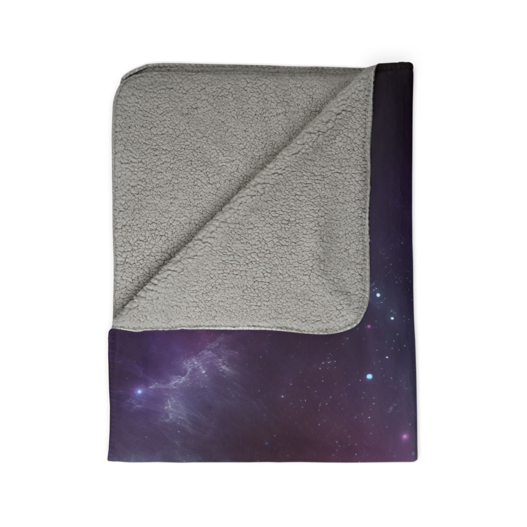 LuckeLadybug sherpa blanket with soft grey fleece and abstract galaxy bedding design on one side