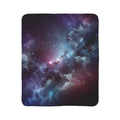 LuckeLadybug sherpa blanket with abstract galaxy bedding design in purple and blue tones