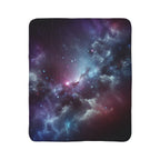 LuckeLadybug sherpa blanket with abstract galaxy bedding design in purple and blue tones