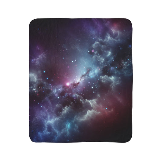 LuckeLadybug sherpa blanket with abstract galaxy bedding design in purple and blue tones
