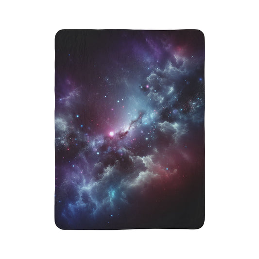 LuckeLadybug sherpa blanket featuring abstract galaxy bedding design with vivid blue and purple colors