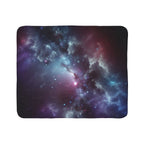 LuckeLadybug sherpa blanket with abstract galaxy bedding design in blue and purple colors