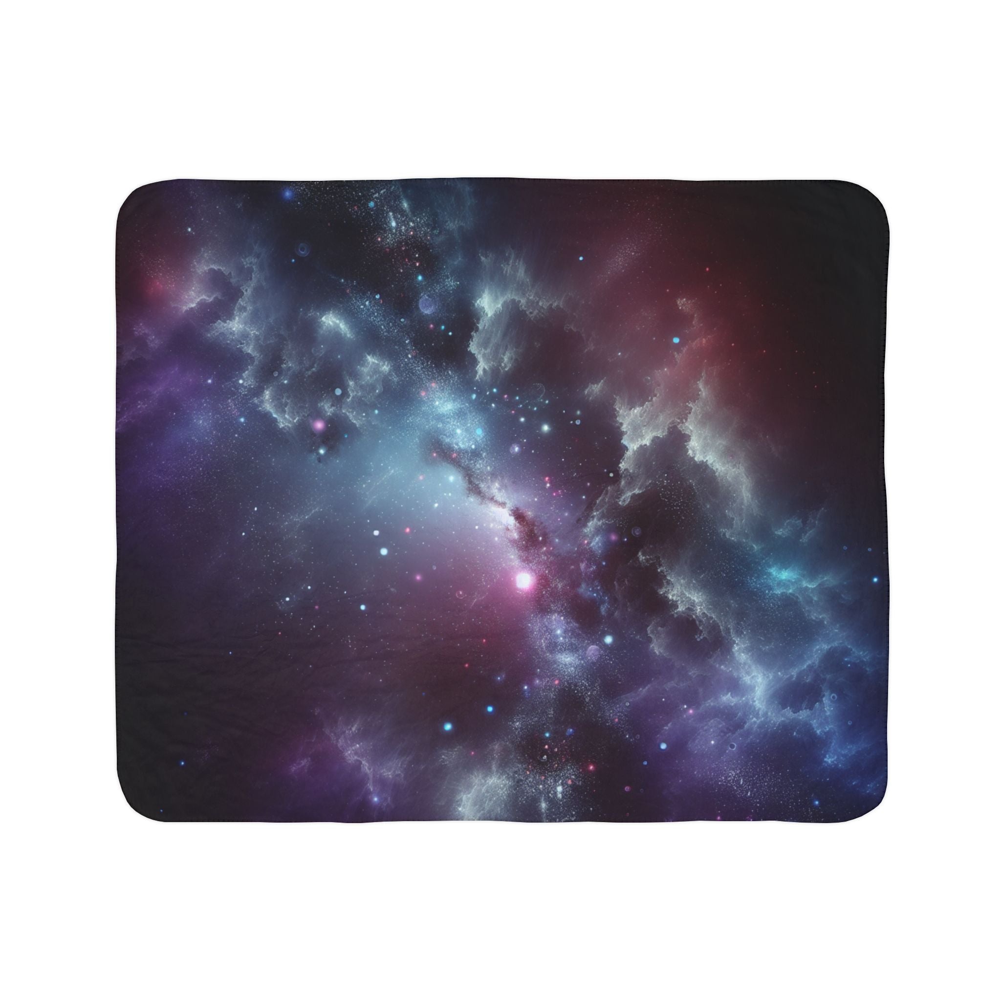 LuckeLadybug sherpa blanket with abstract galaxy bedding design in blue and purple colors