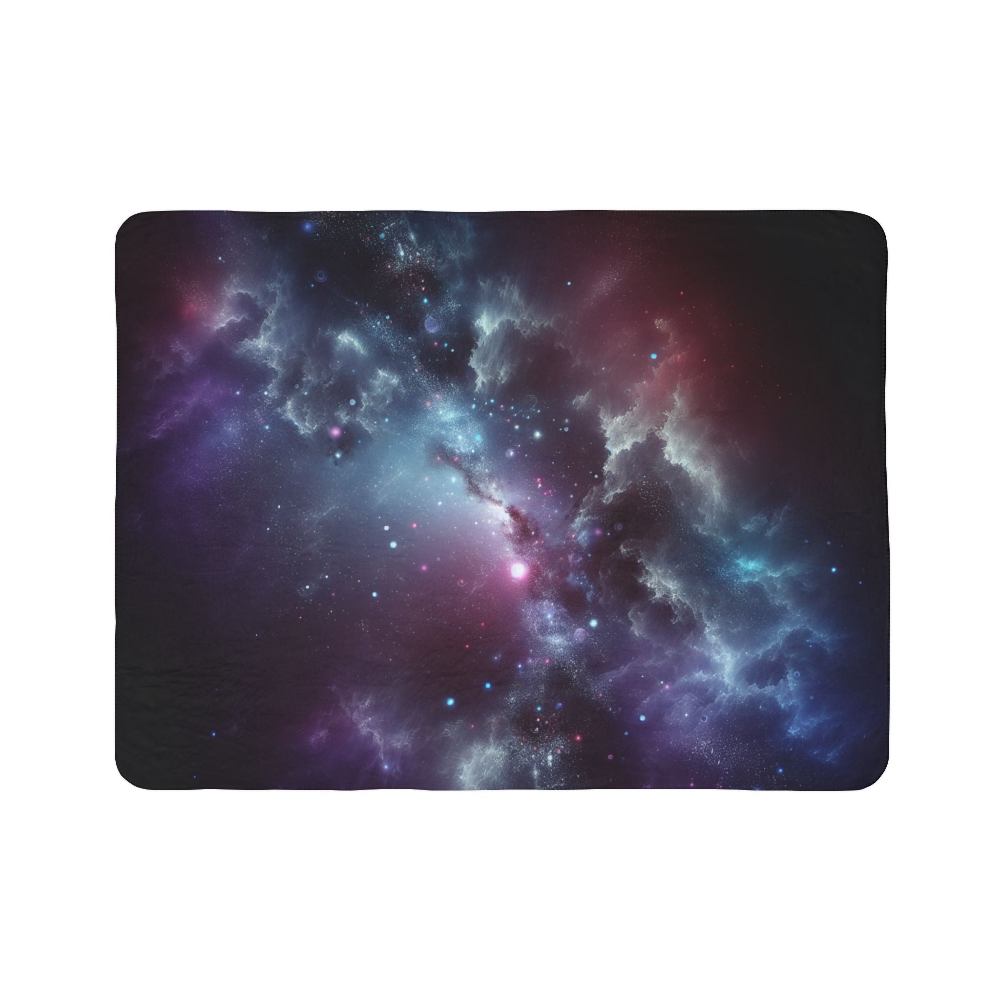 LuckeLadybug Sherpa blanket featuring vibrant abstract galaxy bedding design with stars and cosmic clouds