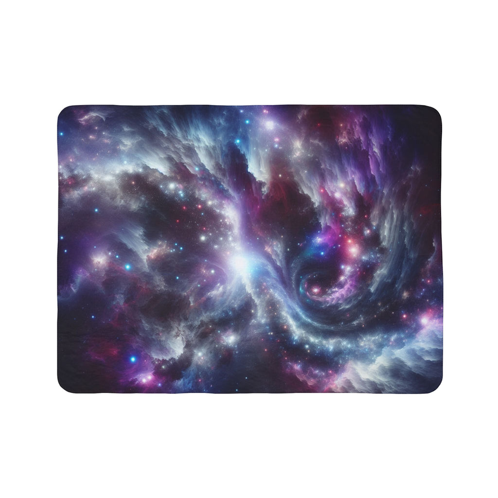 Abstract galaxy sherpa blanket with vibrant purple and blue space design by LuckeLadybug