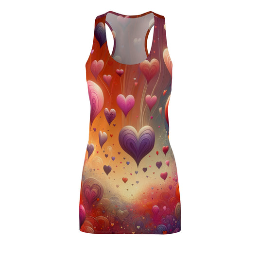 LuckeLadybug racerback dress with vibrant abstract heart print dress design in shades of red and purple