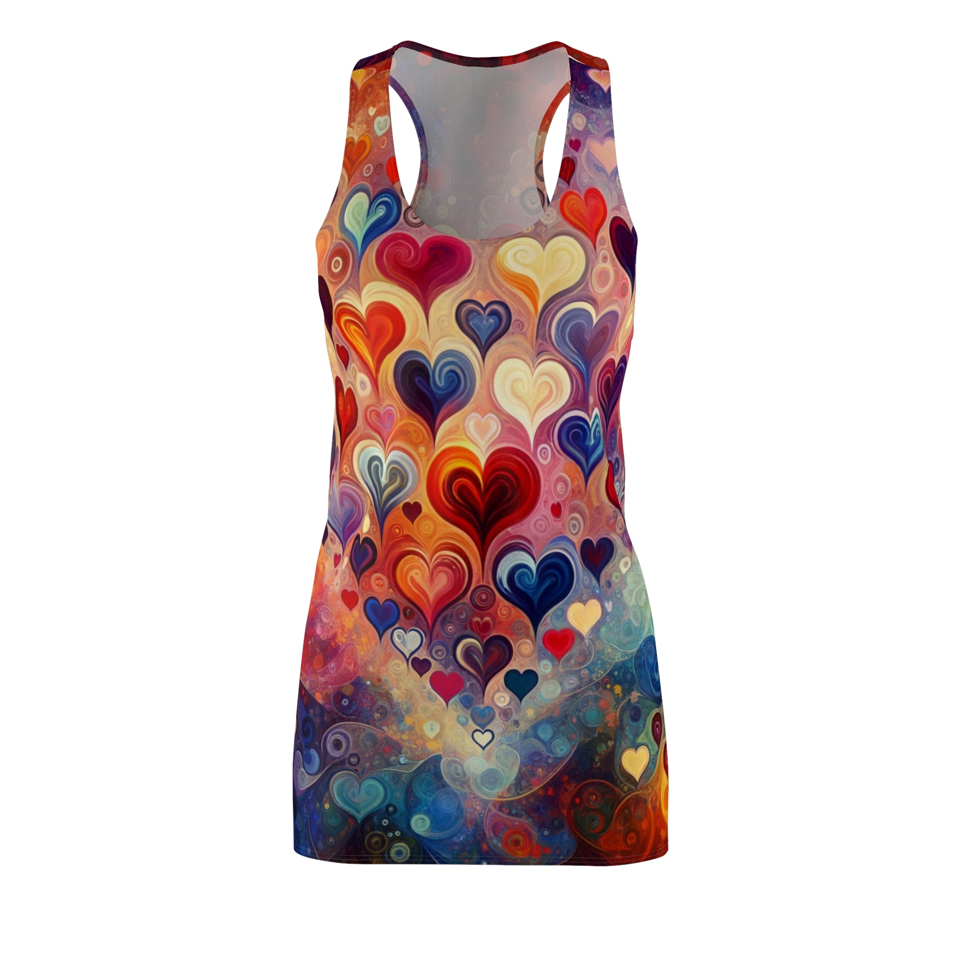 LuckeLadybug racerback dress featuring colorful abstract heart print dress design in vibrant hues