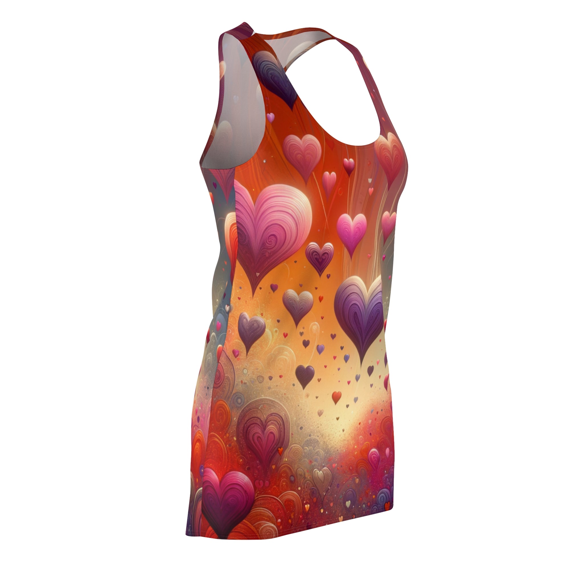LuckeLadybug racerback abstract heart print dress with vibrant red and purple heart designs