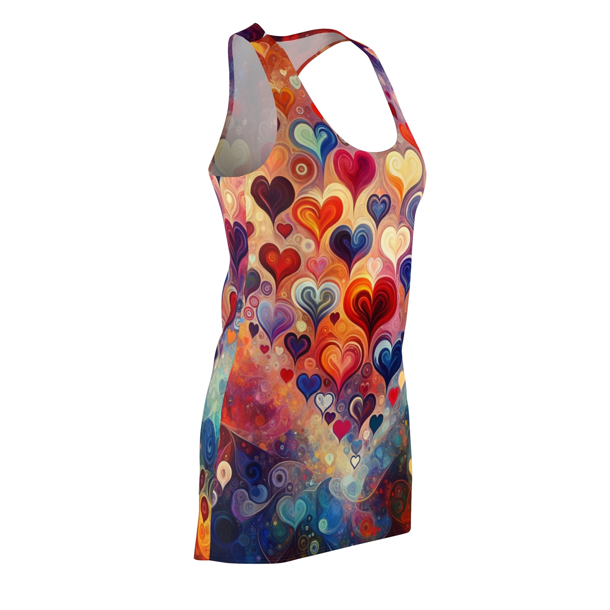 LuckeLadybug racerback dress featuring vibrant colorful abstract heart print dress design