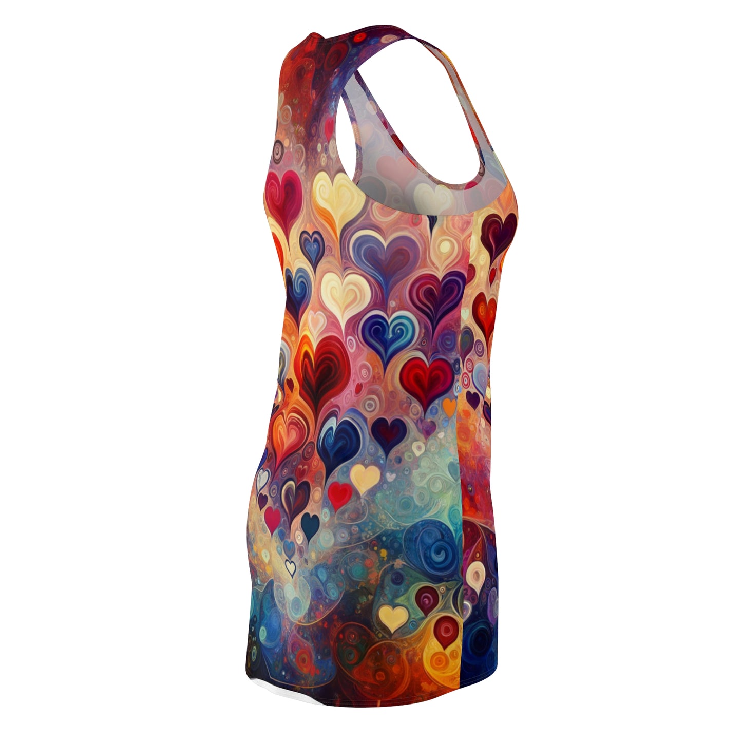 LuckeLadybug racerback dress featuring colorful abstract heart print dress design with vibrant swirling hearts