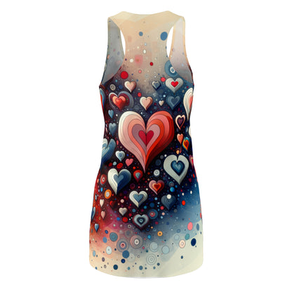 LuckeLadybug racerback dress featuring vibrant abstract hearts print dress in red blue and cream tones