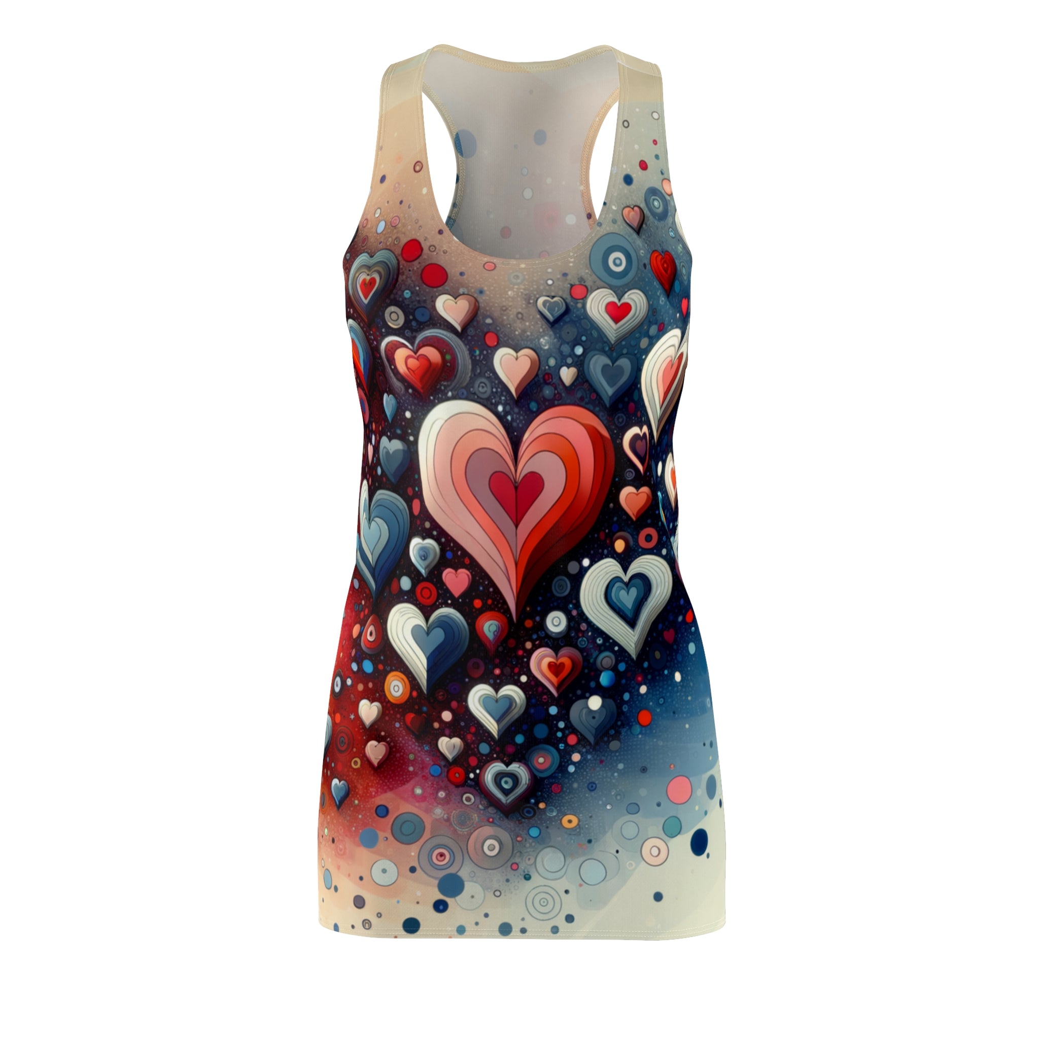 LuckeLadybug racerback dress featuring vibrant abstract hearts print dress in red blue and cream colors