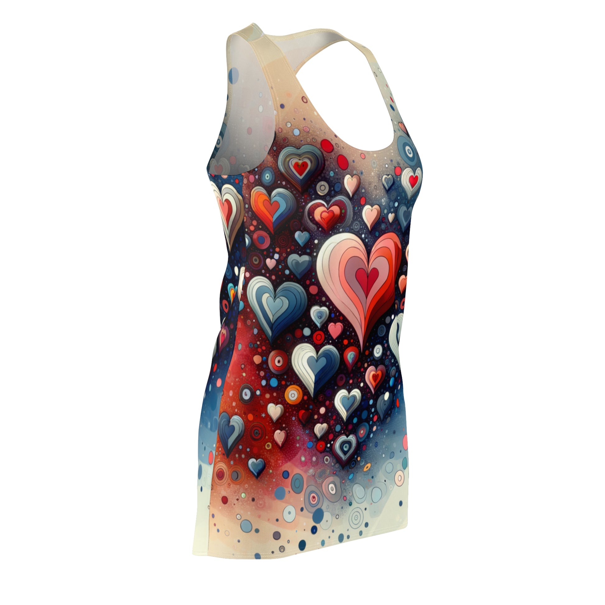 LuckeLadybug racerback dress with colorful abstract hearts print dress design in red blue and cream tones