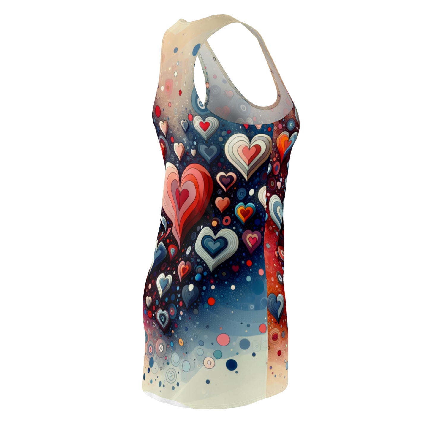 LuckeLadybug racerback dress featuring colorful abstract hearts print dress design on a fitted silhouette