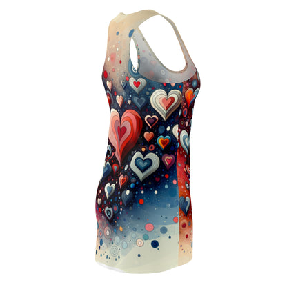LuckeLadybug racerback dress featuring colorful abstract hearts print dress design on a fitted silhouette